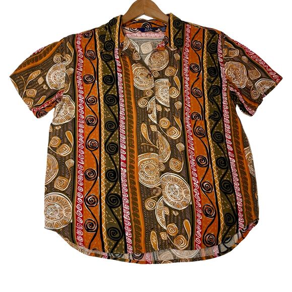 Vintage 90s Men's Collared Casual Tribal Graphic Button Up Short Sleeve Shirt; L - Picture 1 of 12